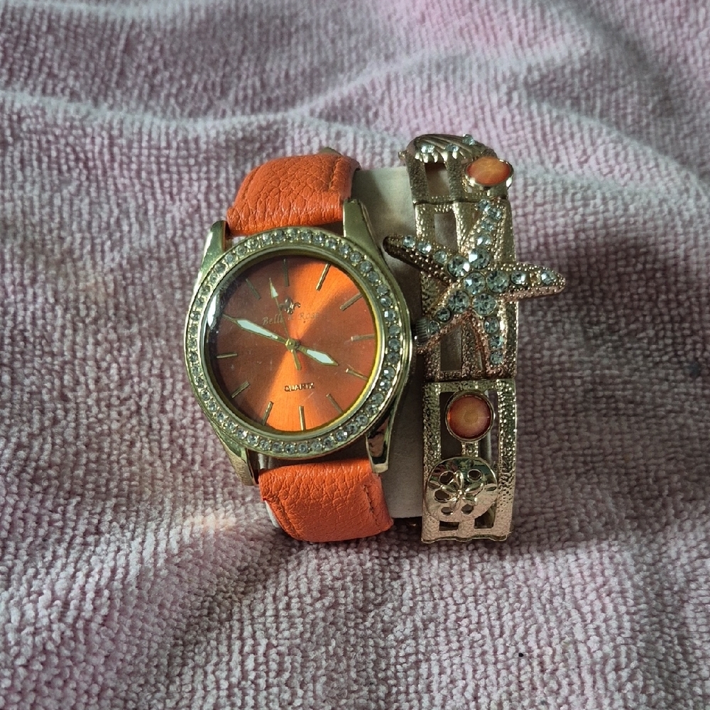 Orange Watch And Bracelet Combo with Gold Accents